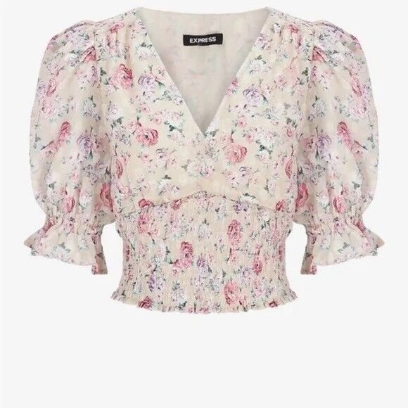Express Floral Puff Sleeve Smocked V-Neck Cropped Top Coquette Cottagecore SM - Picture 1 of 16